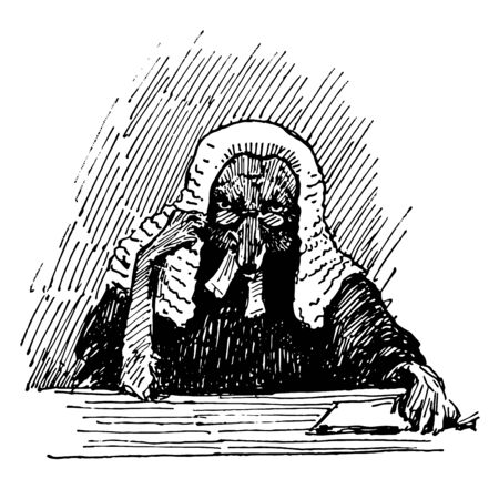 Reynard the Fox: Reynard the Judge this scene shows the fox in judge dress in the court the fox has wig on head and eyeglasses vintage line drawing or engraving illustrationのイラスト素材