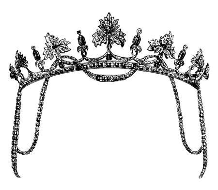 Tiara is a head to dress made with sapphires vintage line drawing or engraving illustration.のイラスト素材