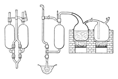 This illustration represents Two Vessels from Thomas Savery First Steam Engine vintage line drawing or engraving illustration.のイラスト素材