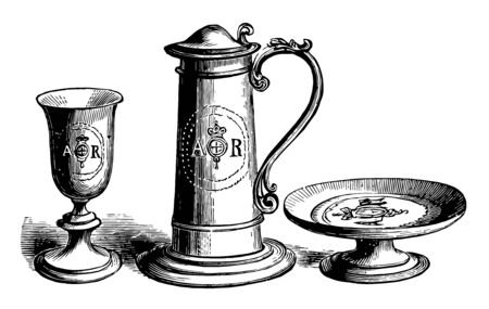 In this picture are shown English medieval silverwork. A shrine or bier containing the relics of saints adapted to be borne in religious processions vintage line drawing or engraving illustration.のイラスト素材
