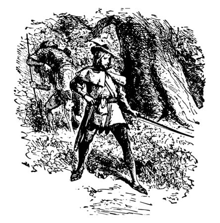 A man with hat on head holding bow and arrows in hands vintage line drawing or engraving illustrationのイラスト素材