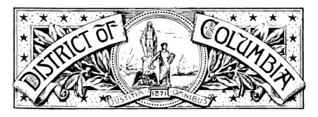 The banner of Washington District of Columbia this banner has circle in middle with two human figure an eagle and female holding a wreath in her right hand and stone tablet in her left hand vintage line drawing or engraving illustrationのイラスト素材