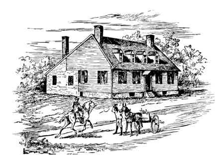 Ferry Farm also known as George Washington Boyhood Home Site or Ferry Farm Site establishes at Fredericksburg George Washington spent much of his childhood vintage line drawing or engraving illustration.のイラスト素材