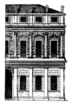 FaÃ§ade of a Palace at Vicenza is generally of rustic work the upper storeys have pilasters pilasters or arcades are introduced on the ground to floor vintage line drawing or engraving illustration.のイラスト素材
