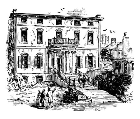 This is the house of Thomas Hutchinson who was governor of Massachusetts vintage line drawing or engraving illustration.のイラスト素材