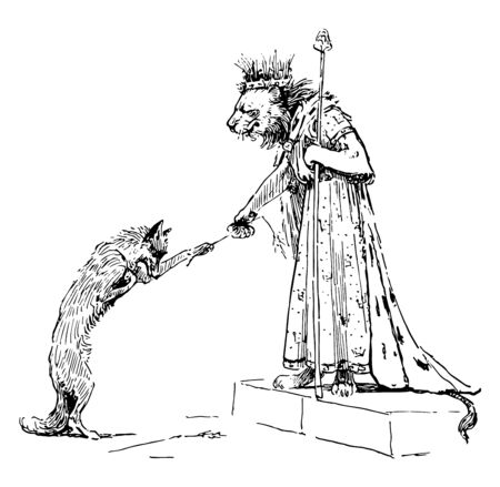 Reynard the Fox: Proffering to the King this scene shows the fox bowed down and giving a straw to Lion who wore human dress and crown on head vintage line drawing or engraving illustrationのイラスト素材