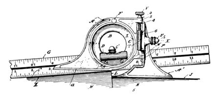 Bevel Protractor is most useful when projecting magnetic lines across the map is used to measure angles that open to the left vintage line drawing or engraving illustration.のイラスト素材