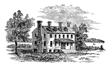 This is a big house & who has stairs on front of door there is chimney also. The house has a big Courtyard vintage line drawing or engraving illustration.のイラスト素材