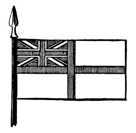 White Ensign, this white color flag has cross of vertical stripes,  and cross of vertical stripes superimposed on saltire in canton, vintage line drawing or engraving illustration のイラスト素材