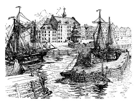 This image represents New York City Hall and Docks in 1679, vintage line drawing or engraving illustration.のイラスト素材