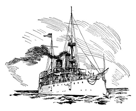 United States Protected Cruiser USS Olympia was a protected cruiser in the United States Navy during the Spanish American War, vintage line drawing or engraving illustration.のイラスト素材