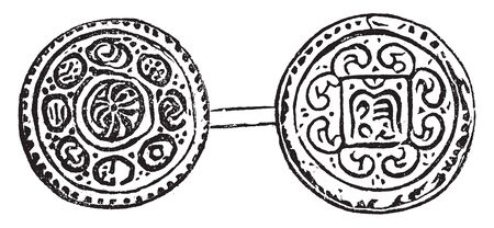 Gorkha Coin which is rubbing from coin in British Museum, vintage line drawing or engraving illustration.のイラスト素材