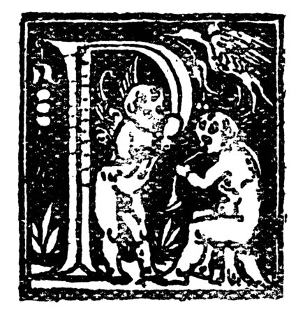 A capital letter P with two baby angels, vintage line drawing or engraving illustrationのイラスト素材