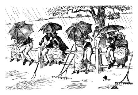 Group of men and women caught in a rain storm sitting on a fence, vintage line drawing or engraving illustrationのイラスト素材