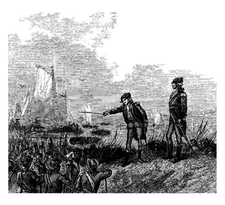John Glover an American fisherman, merchant, and military leader,Superintending the Embarkation ,vintage line drawing or engraving illustration.のイラスト素材