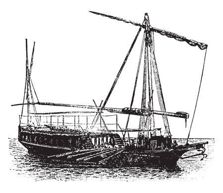 Dahabiyeh is an old boat powered by both sails and oars, vintage line drawing or engraving illustration.のイラスト素材