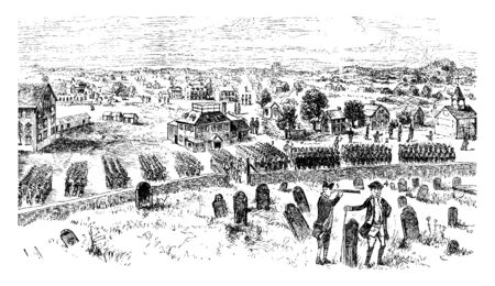 British Troops on Concord Common towns of Province of Massachusetts Bay, withi,vintage line drawing or engraving illustration.のイラスト素材