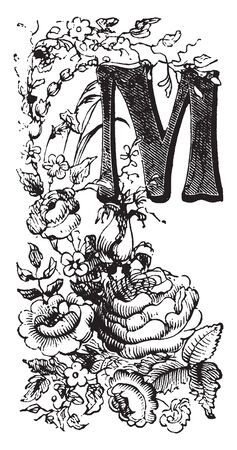 A capital letter M with flowers, vintage line drawing or engraving illustrationのイラスト素材
