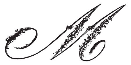 A letter M in ornamental script, vintage line drawing or engraving illustrationのイラスト素材