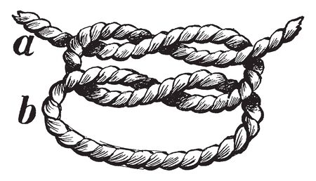 Granny Knot is a binding knot used to secure a rope or line around an object, vintage line drawing or engraving illustration.のイラスト素材