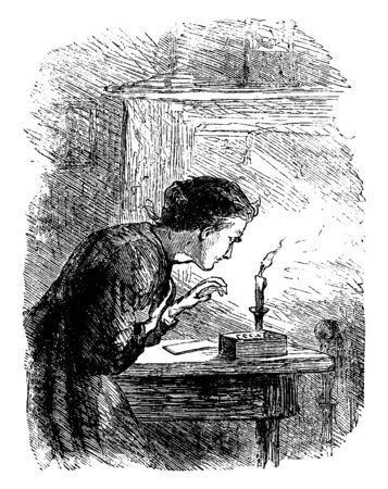 A woman blowing out candle kept on table, vintage line drawing or engraving illustrationのイラスト素材