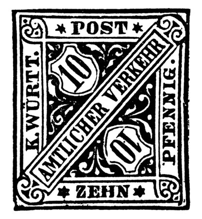 Wrtemberg Zehn Pfennig Official Stamp in 1881 which is a foreign official postage, vintage line drawing or engraving illustration.のイラスト素材