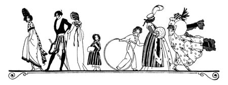 Group of children and adults walking outside, vintage line drawing or engraving illustrationのイラスト素材