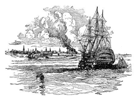 New York Harbor in Colonial Days which is one of the largest natural harbors in the world, vintage line drawing or engraving illustration.のイラスト素材