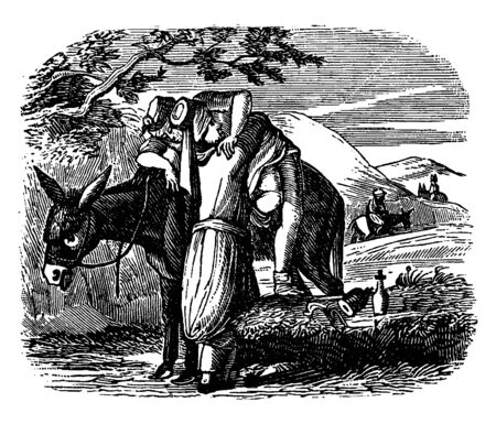 A man helping another man to get down from horseback, vintage line drawing or engraving illustrationのイラスト素材