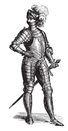 Knight in complete armour, vintage line drawing or engraving illustrationのイラスト素材