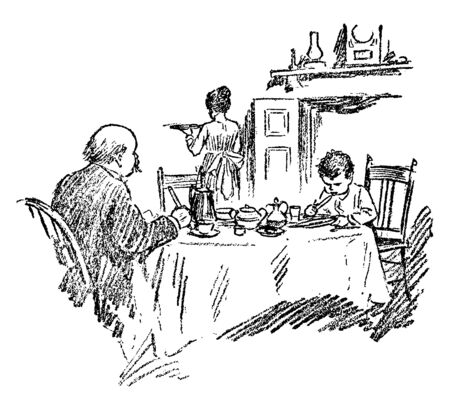 A man and boy having dinner, a lady serving them, vintage line drawing or engraving illustrationのイラスト素材