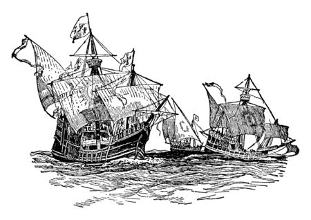 This image represents Ancient Ships of the 15th century, vintage line drawing or engraving illustration.のイラスト素材