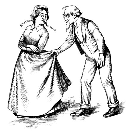 A man tugging on a woman's skirt., vintage line drawing or engraving illustrationのイラスト素材