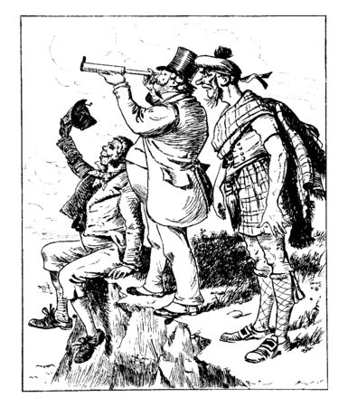 Three men looking over a cliff, vintage line drawing or engraving illustrationのイラスト素材