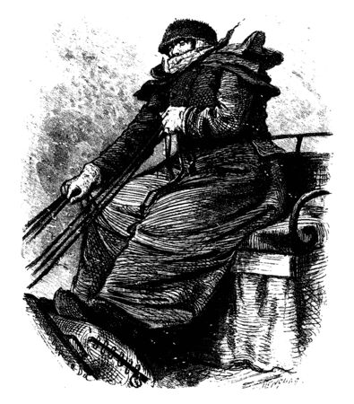 A man driving a stage coach during a snow storm, vintage line drawing or engraving illustrationのイラスト素材