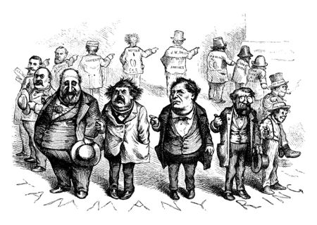Group of men standing in circle facing outside, vintage line drawing or engraving illustration