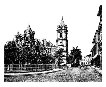 Panama Cathedral which is a city in Panama in Central America, vintage line drawing or engraving illustration.のイラスト素材