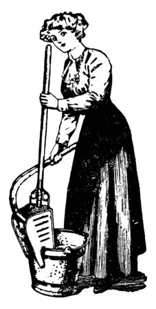 A woman with self-wringing mop, vintage line drawing or engraving illustrationのイラスト素材