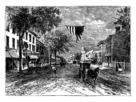 A Street in Salem welcomes the Holidays with Santa Arrival and Tree Lighting, vintage line drawing or engraving illustration.のイラスト素材