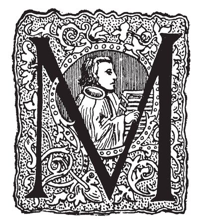 An ornamental capital letter M, vintage line drawing or engraving illustrationのイラスト素材