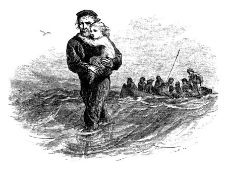 A man holding a child while walking in water, other people in ship in background, vintage line drawing or engraving illustrationのイラスト素材