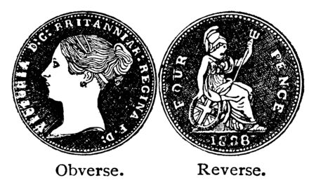 Fourpenny Piece of Queen Victoria which an English silver coin worth fourpence, vintage line drawing or engraving illustration.のイラスト素材
