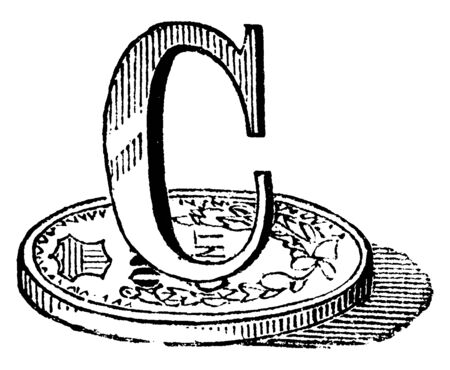 A capital letter C on coin, vintage line drawing or engraving illustrationのイラスト素材