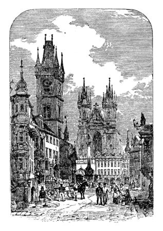 View in Prague is a prosperous well built city near the Centre of the kingdom, vintage line drawing or engraving illustration.のイラスト素材