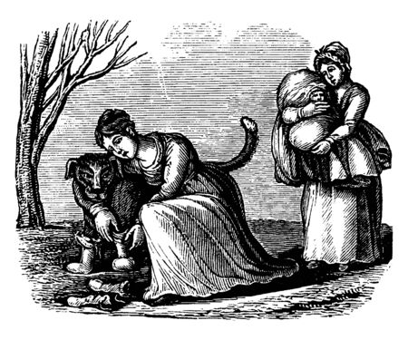 A woman hugging dog and another woman carrying baby, vintage line drawing or engraving illustrationのイラスト素材