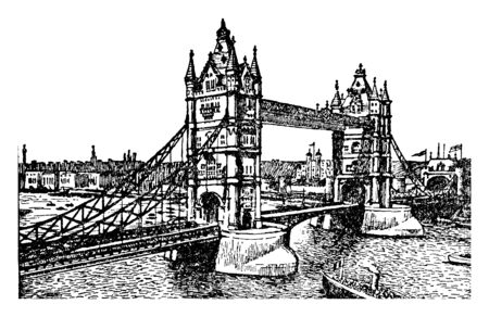 Tower Bridge is a combined bascule and suspension bridge in London built between 1886 and 1894, vintage line drawing or engraving illustration.のイラスト素材