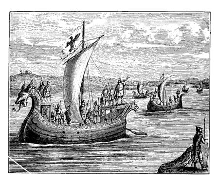Danish Warships in the year 787 three strange ships found their way to not loaded with merchandise, vintage line drawing or engraving illustration.のイラスト素材