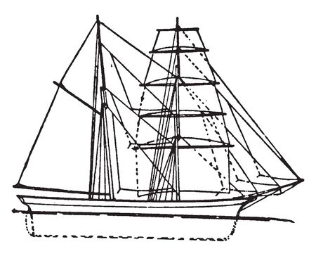 Brigantine was a two masted sailing vessel with a fully square rigged foremast, vintage line drawing or engraving illustration.のイラスト素材