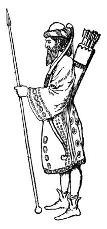 Persian Soldier Warriors was the name given by Herodotus to an elite heavily armed infantry unit, vintage line drawing or engraving illustration.のイラスト素材