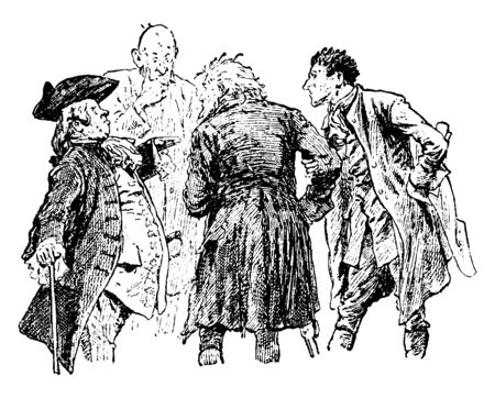 Group of men standing in circle and talking themselves, vintage line drawing or engraving illustrationのイラスト素材